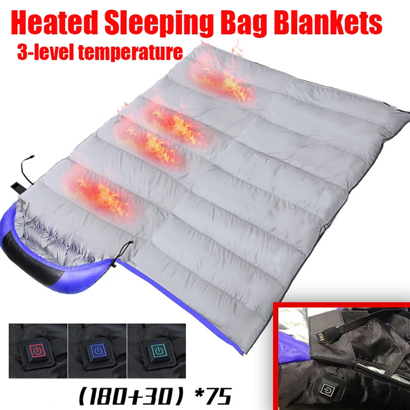 Adults Winter Outdoor Camping Heated Sleeping Bag Blankets USB Powered Heating Pad Waterproof Ultralight with 3Level Temperature