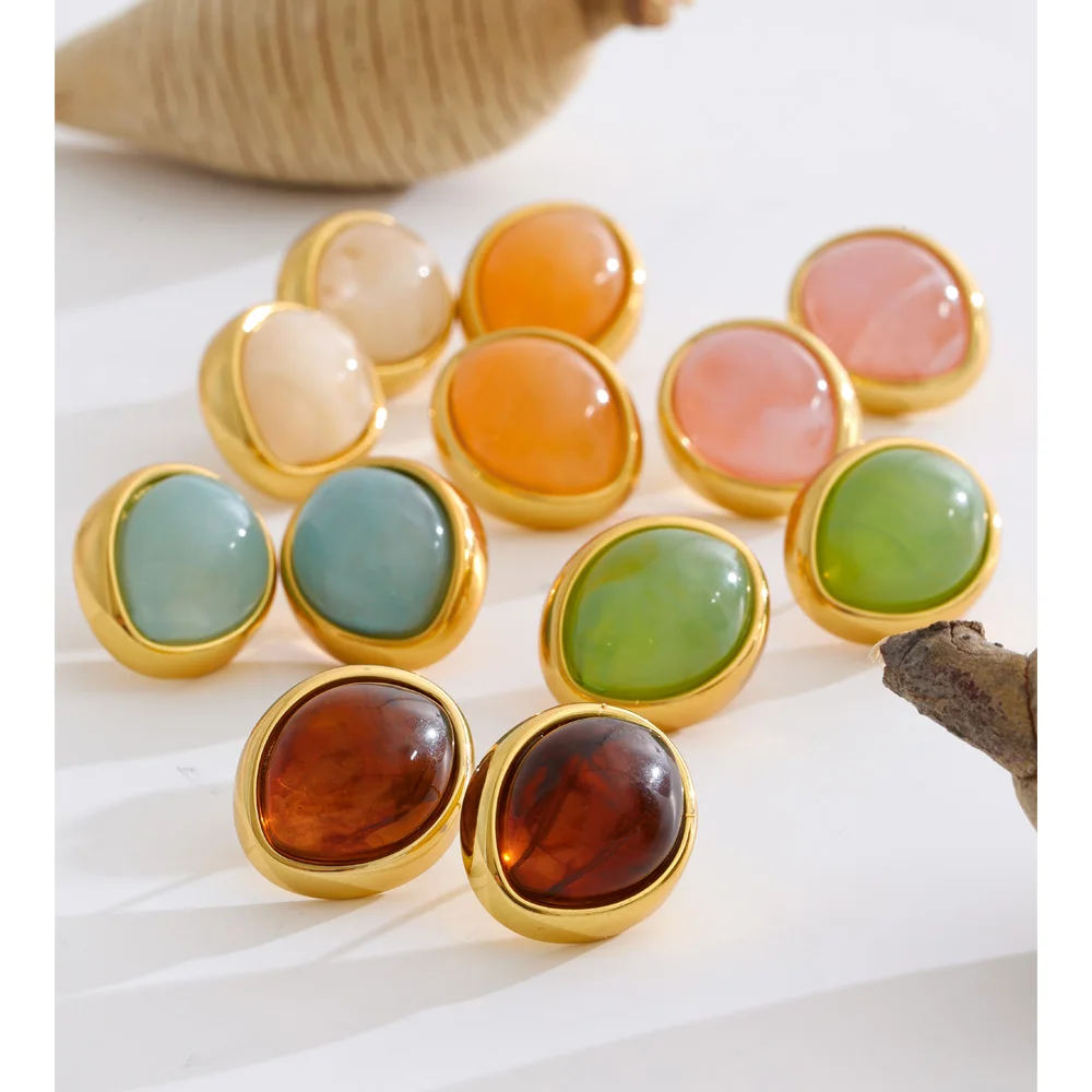 Yhpup 2026 Multi-Color Joyful Candy Resin Oval Stud Earrings 18K Gold Color PVD Plated Stainless Steel Summer Trendy Jewelry