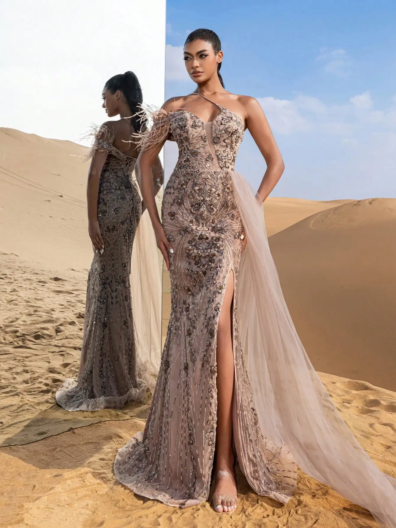 Gorgeous Asymmetrical Neck Draped Side Mermaid Hem Graphic Beaded Formal Dresses & Evening Gowns