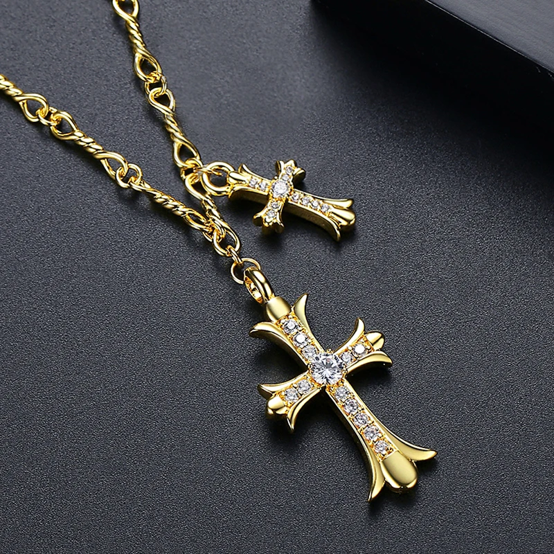 JINSE Charm Gold Color Cross Necklace Cubic Zirconia Fashion CZ Punk Pendant Necklaces for Men Women Birthday Gifts