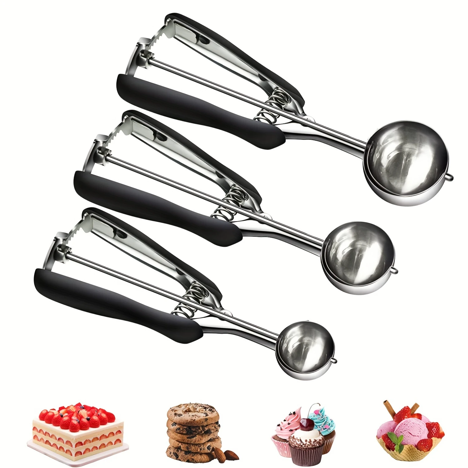 Stainless Steel Spoon Set - Premium Cookie Dough, Trigger Ice Cream Scoop & Melon Baller - Effortless Baking & Scooping for a De