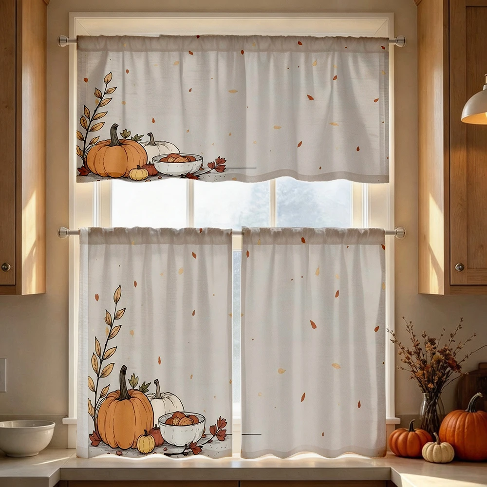 Thanksgiving Fall Kitchen Curtains, Pumpkin Bowl Corner, Digital Print, Kitchen Dining Room, Rod Pocket Polyester, Home Decor