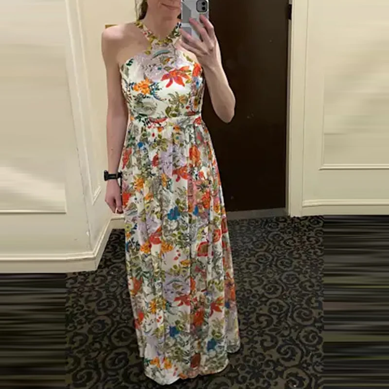 Elegante floral impressão magro vestido de festa sexy fora do ombro sem mangas chiffon vestido longo moda feminina altura cintura plissado bohe vestido