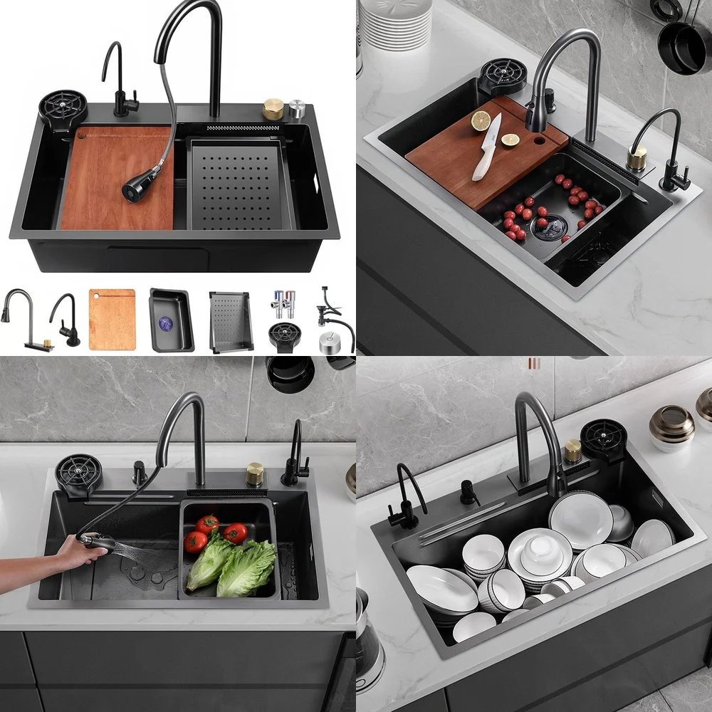 طقم حوض مطبخ ستانلس ستيل وعاء واحد مصنوع يدويًا 304 غسيل أطباق لوح تصريف شلال حوض غسيل الخضروات #1