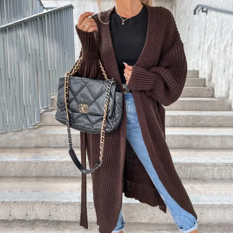 Ardm Casual Cardigan Women Lantern Sleeve Lace Up Knitted Sweater White Cardigan Vintage Tops Auturn And Winter Outwear Coat