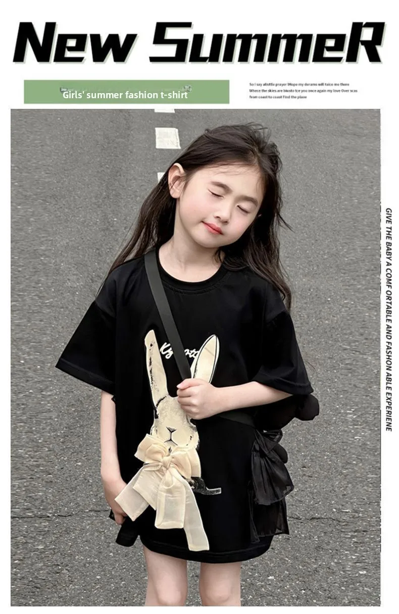 2026 Neues Sommer-T-Shirt-Kleid für Mädchen mit Hasen-Print und Schleife, lockeres langes Kinder-T-Shirt-Oberteil für Mädchen von 5-16 Jahren – Detail 3