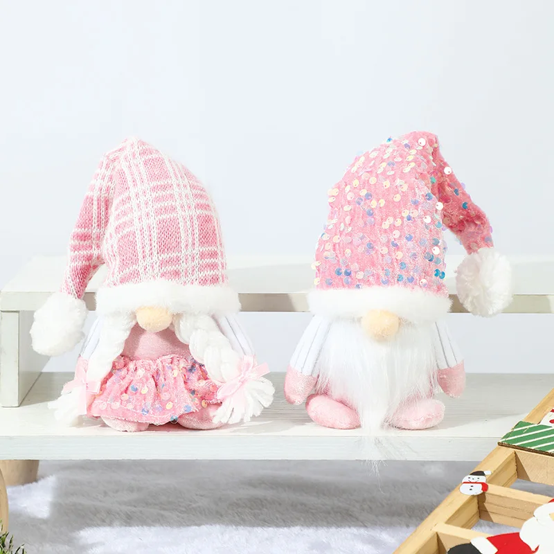 

Fashion New Christmas Decorations Cartoon Sequined Knitted Hat Dwarf Doll Pink Rudolph Christmas Gift Decoration
