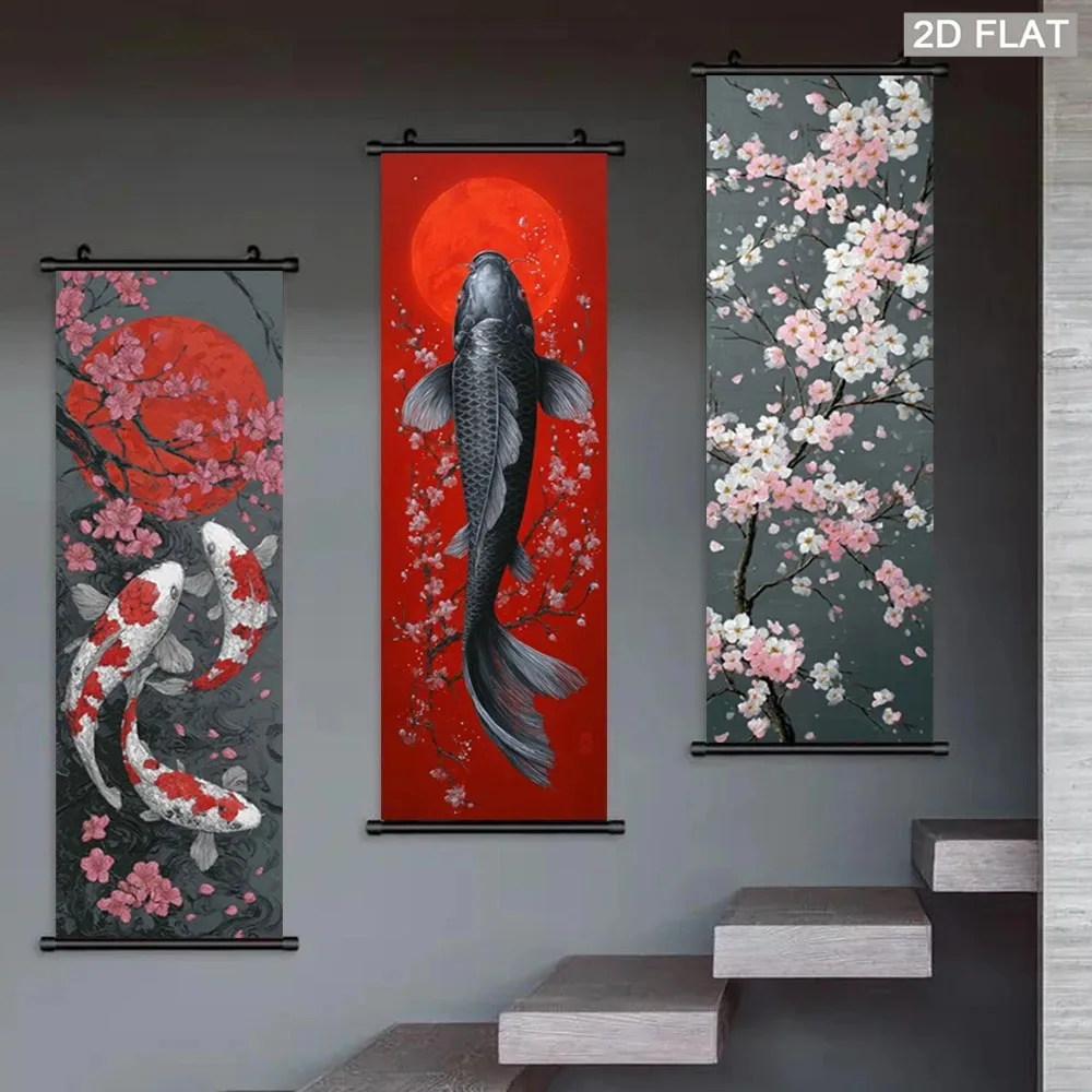 VIKAMA Koi Fish Under Sakura Japanese 3 Piece Wall Scroll Tapestry Set Red Sun Ink Poster Wall Decor for Living Room Office