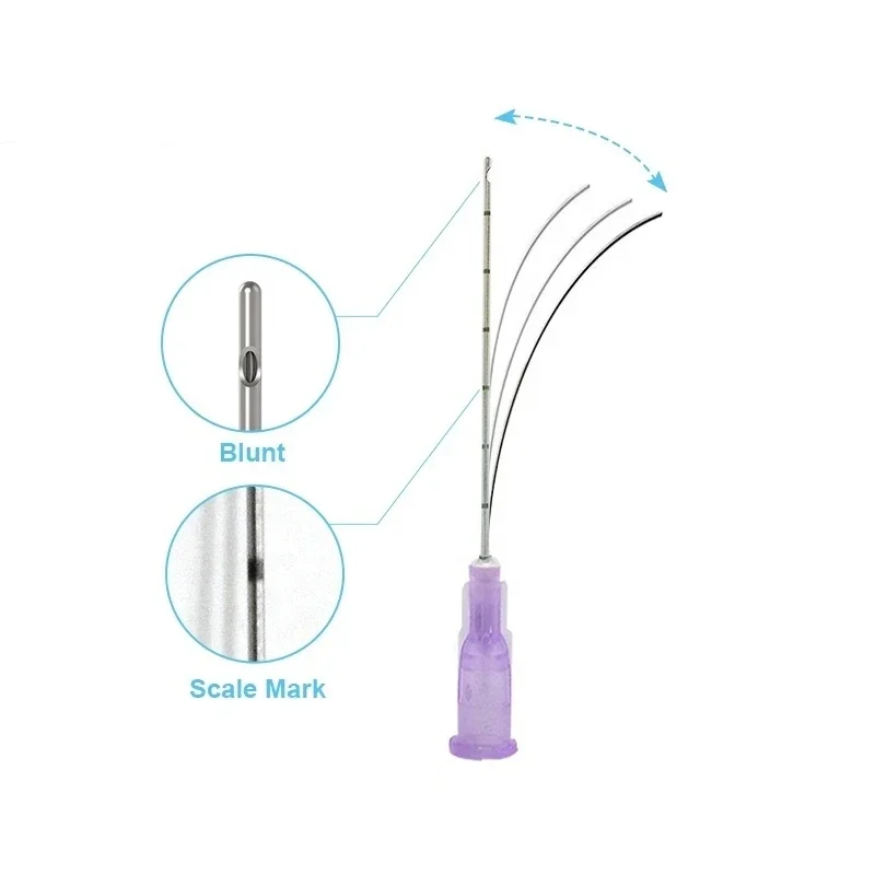 Medical sterile blunt headed microcatheter needles for injection of hyaluronic acid fillers