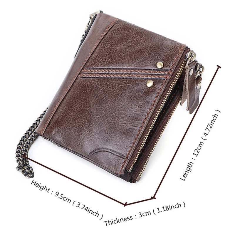 RFID Luxury Designer Wallets for Men Chains Double Zippers Pocket Genuine Leather Men\'s Wallet Cards Holder Coins Purse