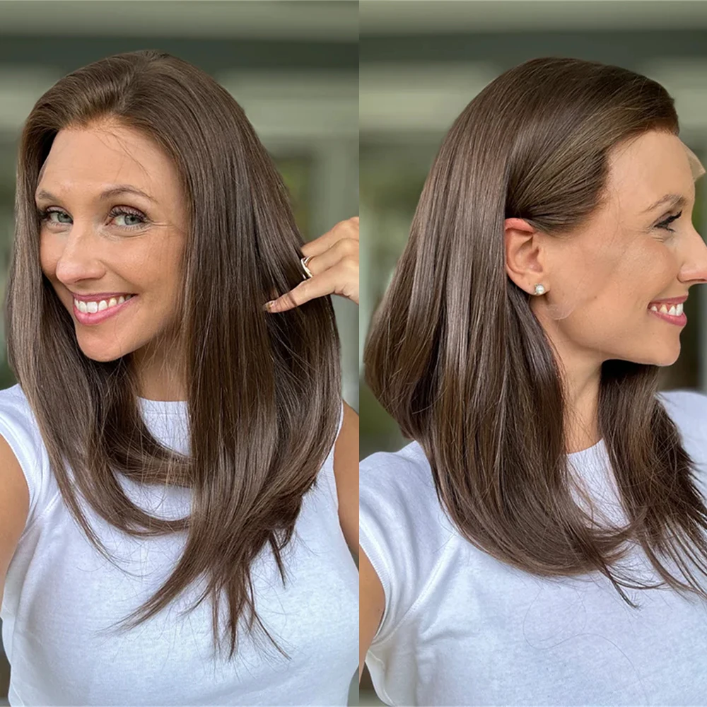 Long Straight Bob Wig Meidium Brown Blonde Highlights Free Part Pre Plucked Lace Front Wig Synthetic Fibre for Girls Gift Wig