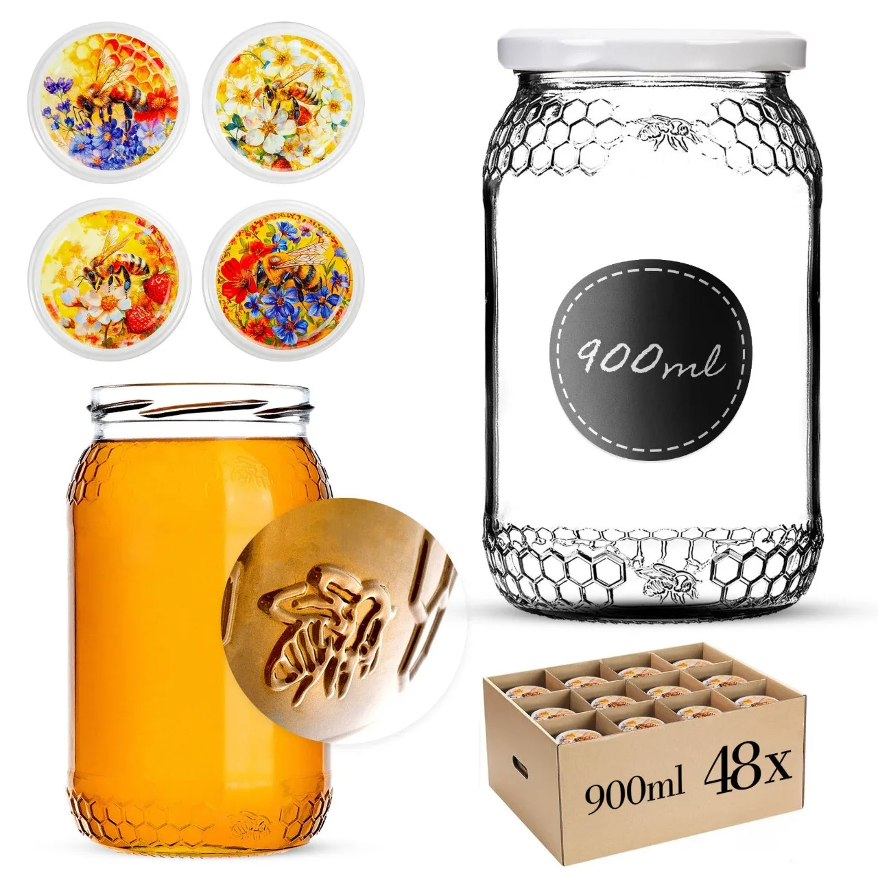 KADAX Glazen Honingpot Met Bijenmotief, Decoratieve Pot Voor Jam & Pitten, Draaidop 82mm 900ml Bijen Op Bloem 48 Stuks