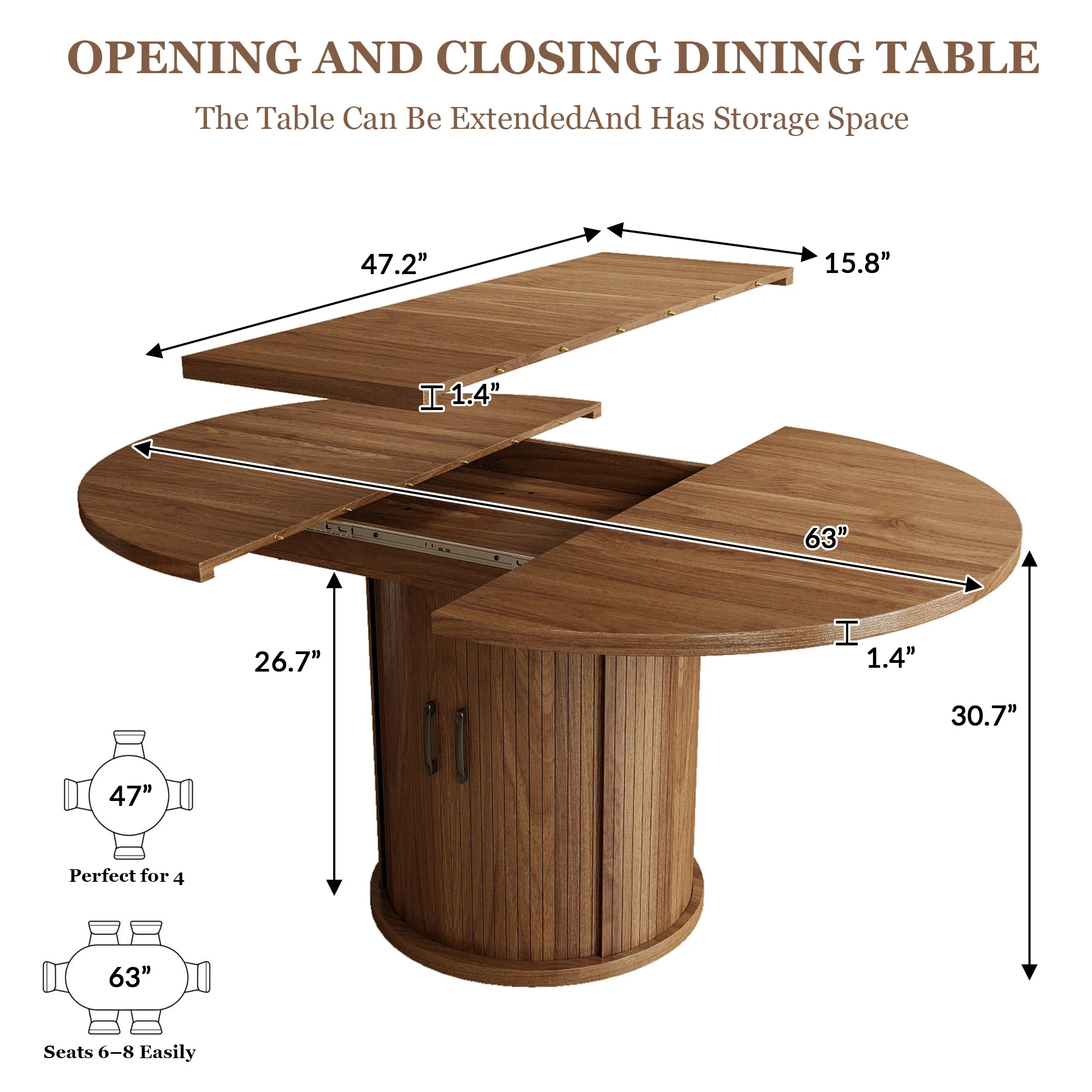 Modern Extendable Round Dining Table 47''-63'' for 4 to 8 People with 2-Tier Storage Shelf Space-Saving Oval Design Wood Kitchen Table with Pedestal Base