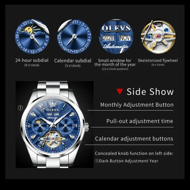 OLEVS Mechanics Watch for Men Roman Scale Classic Multifunctional Watch Men Top Brand Male Hand Clock Original Man Watch Trend