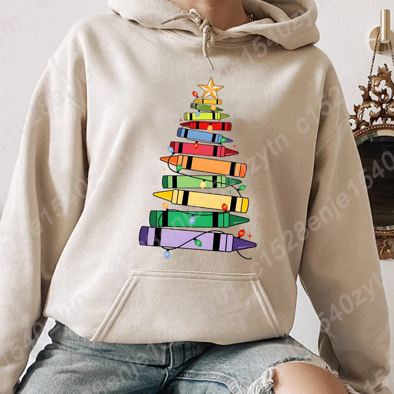 Christmas Light Teacher Crayon Tree Hoodie New Fashion Women\'s Clothing Casual Solid Color Pullover Winter Autumn Sweatshirt Top