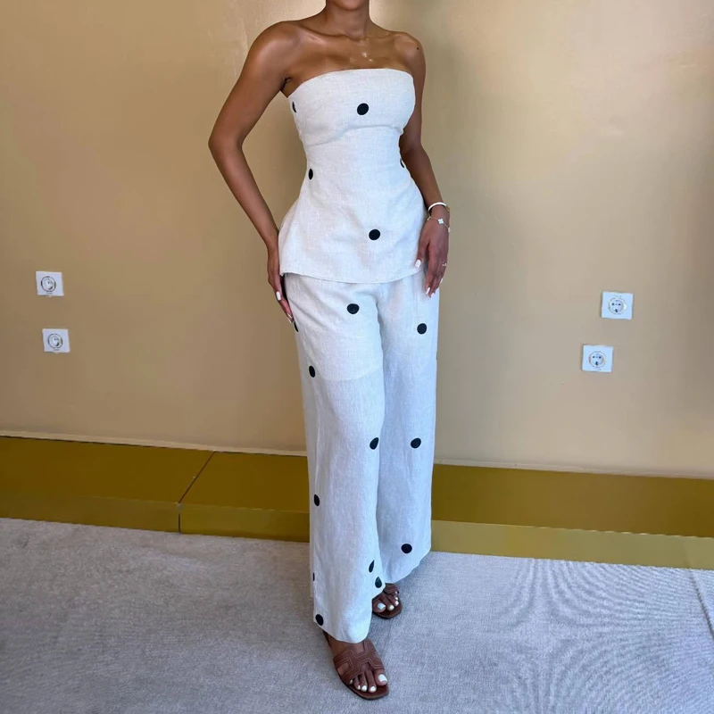 

Vintage Polka Point Print 2Pc Outfits Sexy Strapless Sleeveless Top & Pant Suit Women Fashion Hight Waist All-Matching 2Pc Sets