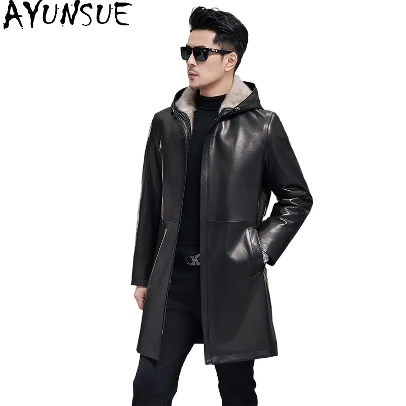 AYUNSUE Genuine Goatskin Leather Jacket Man Winter 2025 Mink Fur Liner Coat Mid-length Black Leather Jackets Hooded Fur Coats