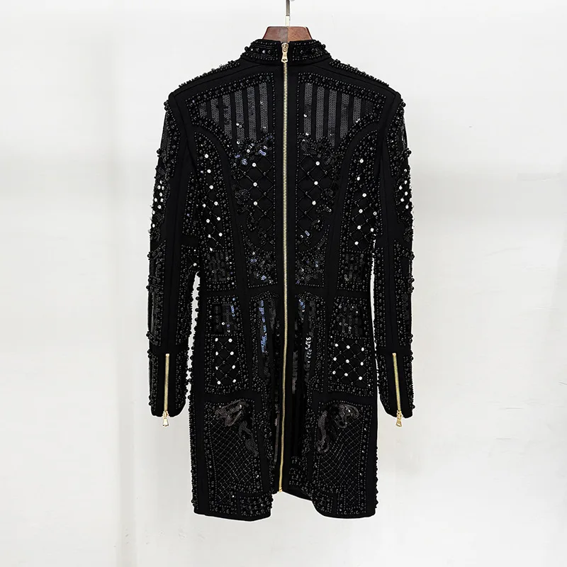 VC Autumn&Winter Diamond studs Short Dress Long Sleeves Beaded Sparkling Elastic Tight Bodycon Party Cocktail Gown