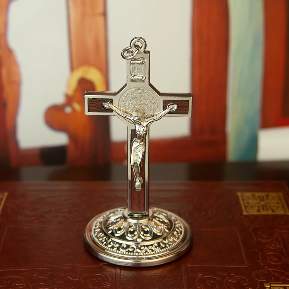 Catholic Cross Saint Benedict Cross 3.5In Gold Silver Plated Alloy Craft Church Spiritual Gift Religious Decor