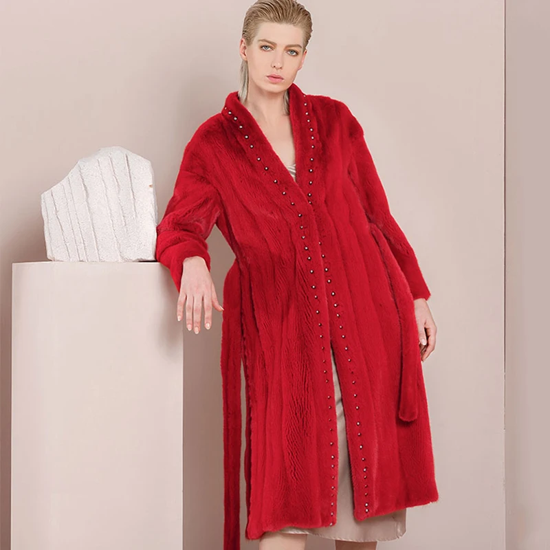 Ftangaiur New Winter Import Velvet Mink Fur Coat Long Sleeve With Sashes Women V-Neck Pure Color X-Long Natural Mink Fur Coats