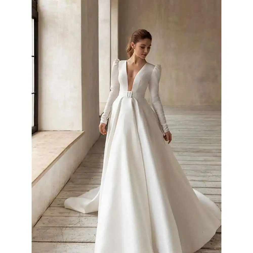 

Classic Elegant Wedding Dresses A-E Satin Bridal Gowns V-Neck Long Sleeves Robes For Formal Party Dressed From Novia