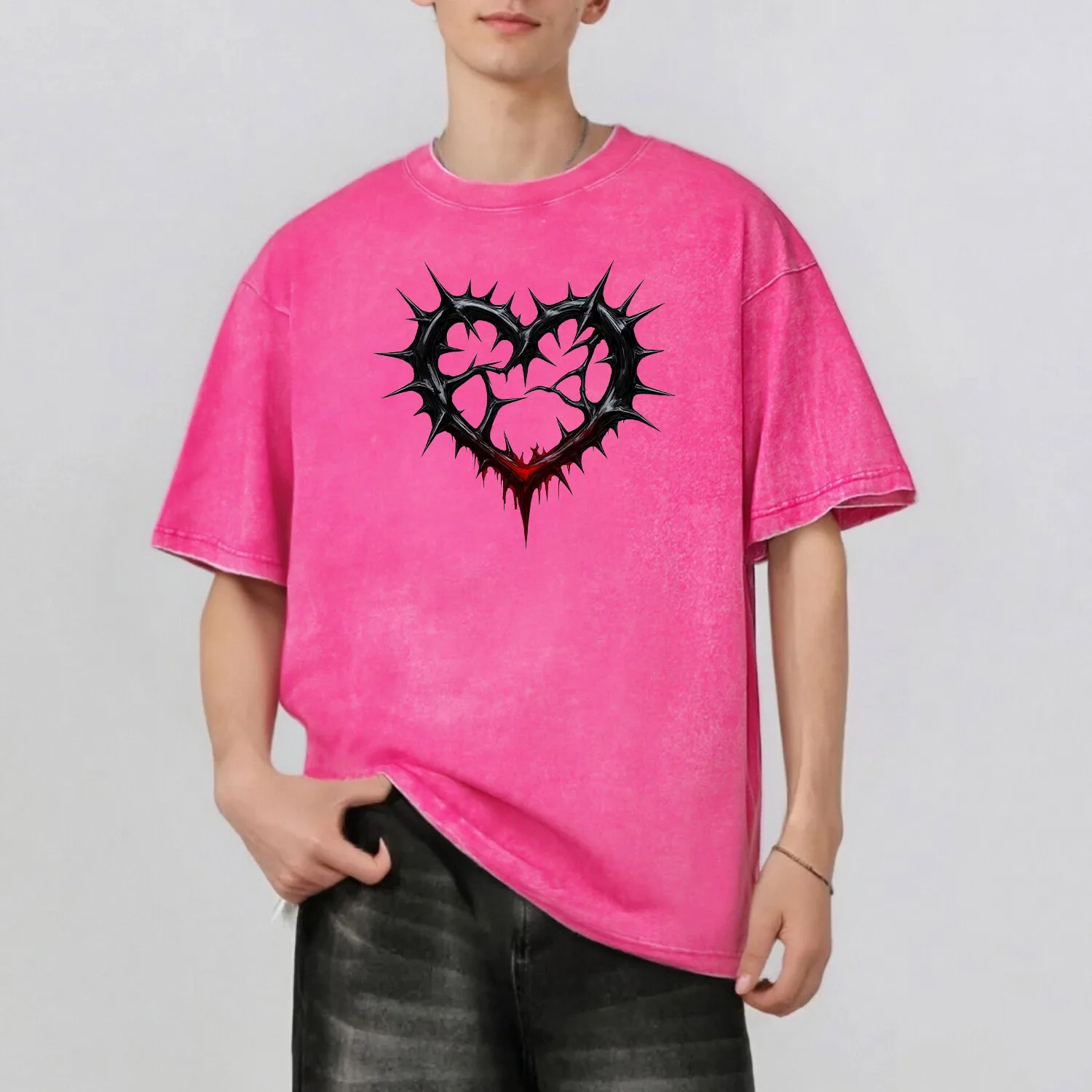 

Heart Spikes Graphic Print Fashion Retro Style Washed T-Shirt Casual Short Sleeve 100% Cotton Unisex Top 230G