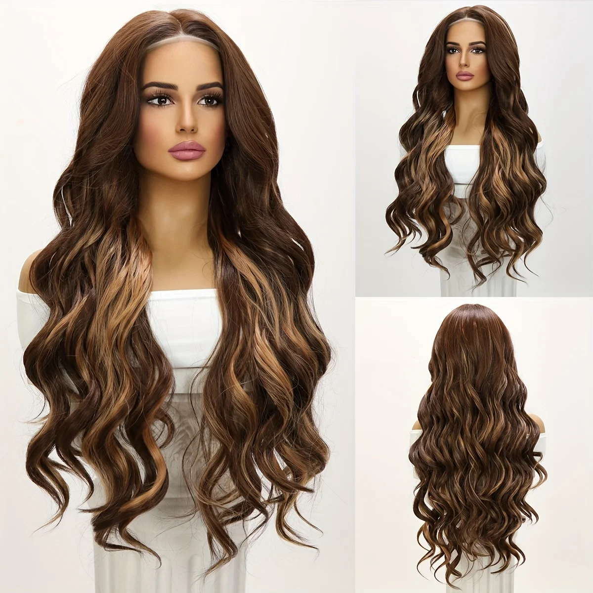 32'' Brown Mixed Blonde Women Wig Long Wave Synthetic Nature Party Lace Front Cosplay Daily Hair Wigs