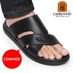 LAORENTOU genuine leather slippers for men's summer sandals with soft soles and non slip cowhide for casual wear. Black/brown