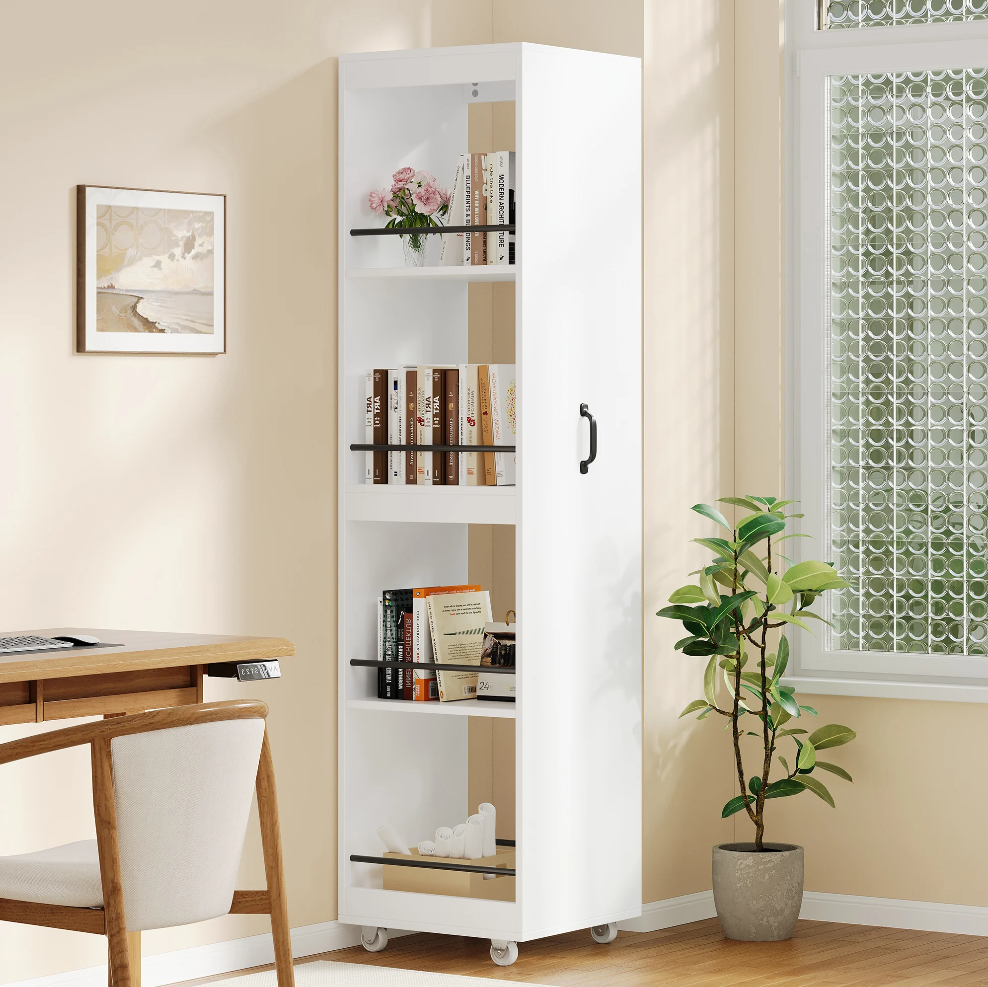 Étagère de rangement étroite en MDF blanc, 40x30x160 cm, avec barres métalliques de protection et roulettes – Bibliothèque polyvalente pour la maison et le bureau