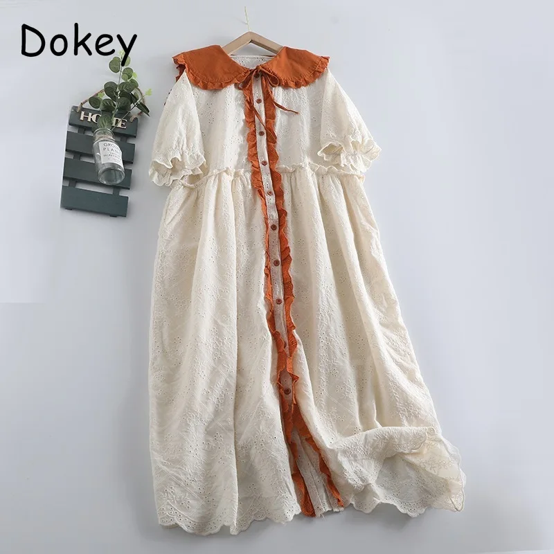 Vintage Embroidery Hollow Out White Dress Women Japanese Ruffles Peter Pan Collar Lace-up Loose Patchwork Dress Summer Vestidos