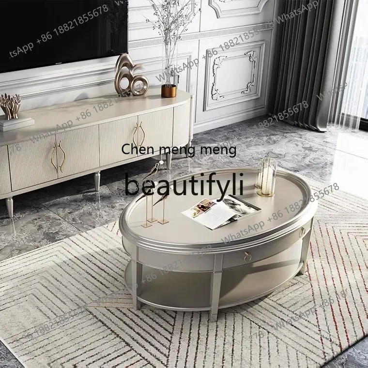 

M178 American light luxury oval coffee table solid wood, champagne color modern simple living room tea table, combination furnit