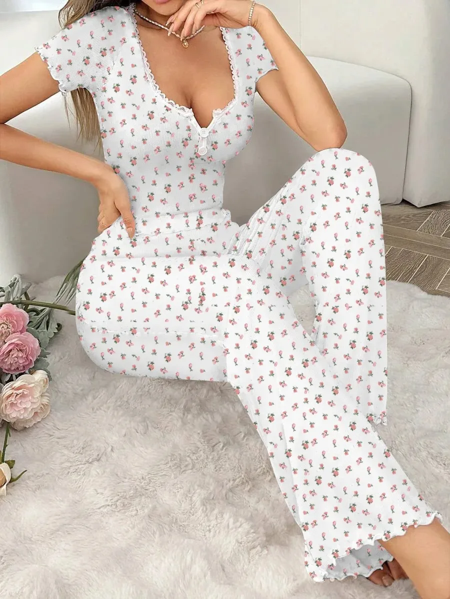 Women Floral Print Pajama Sets Long Sleeve Top +Pants Lovely Loungewear Set Female Home Clothes Elastic Waistband Nightwear Suit