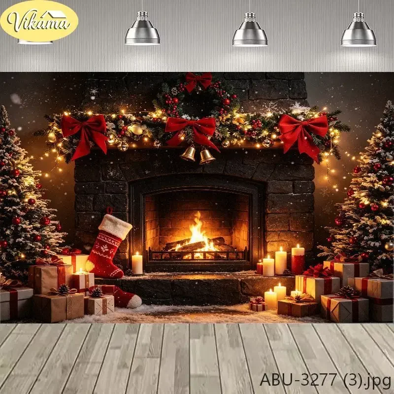 VIKAMA Photography Background Christmas Stone Fireplace Wreath Bells Backdrop for Party Birthday Photo Booth Home Decor