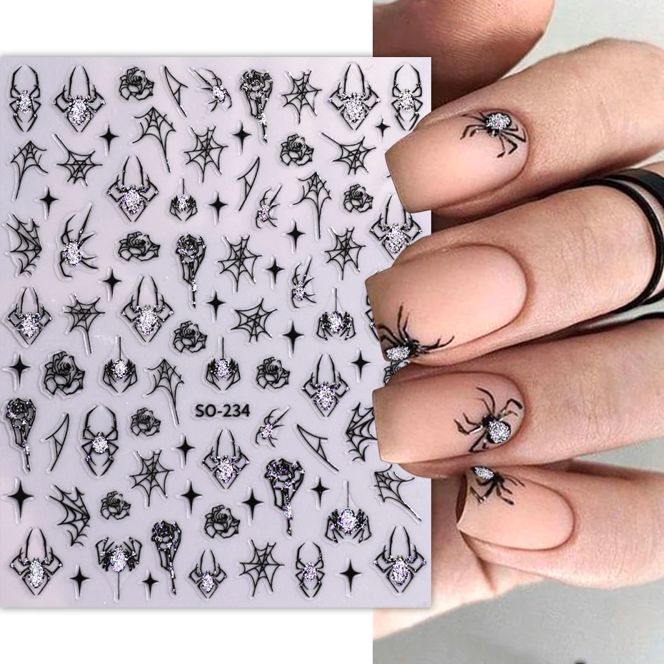 3d Spider Nail Sticker Zwart Rood Sliver Gillter Shinning Spider Scarlet Rose Slider Halloween Decal Diy Manicure Art Decoratie