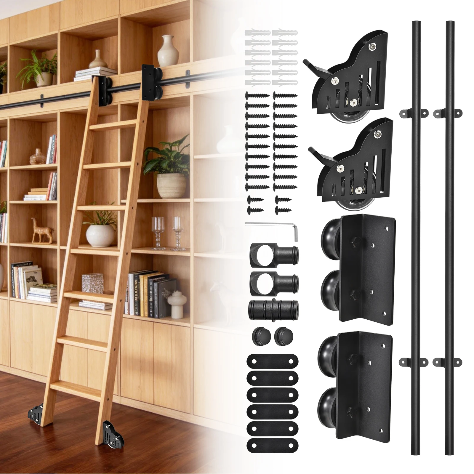Rolling Library Ladder Hardware Kit, 350 Lbs Capacity, Heavy Duty Carbon Steel Rolling Ladder Hardware with Sliding Tracks, Wheels, for Kitchen Loft Attic Closet