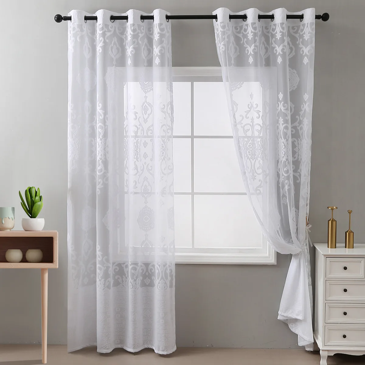 Curtain Coin Flower Curtains White Sheer Window Treatment Grommet Top for Living Room Bedroom Classic Style Retro 2 Panels 260cm