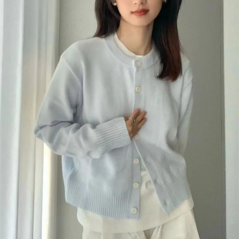 

Элегантное однотонное вязаное пальто, однобортное кремово-синее свитера, женские топы, вязаный крючком трикотаж с длинными рукавами, осень