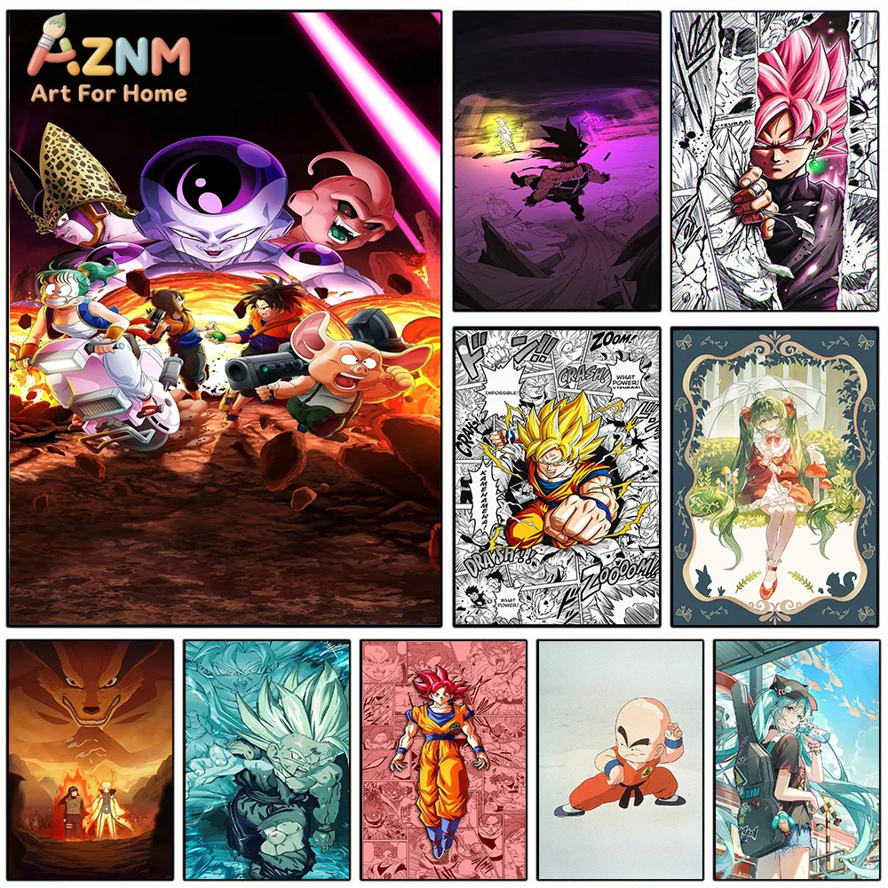 AZNM Dragon Ball & Naruto & Hatsune Miku, Impresión Artística en Lienzo de Anime, Frieza, Buu, Goku, Kuririn, Decoración para el Hogar sin Marco