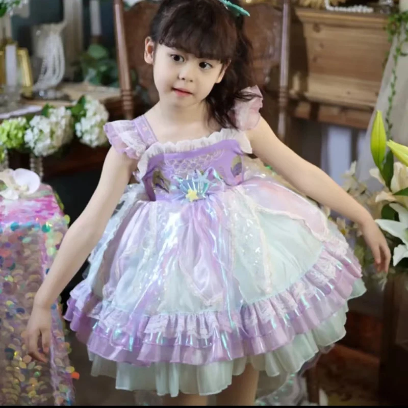 Girl Birthday Tulle Backless Lolita Wedding Ball Gown Party Dress Princess Embroidery Floral Shiny Baby Children Lace Sundress