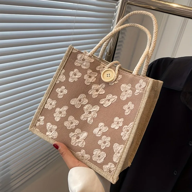 Casual Linen Tote Bag for Women, Japanese Style Fabric Handbag, with Buckle Closure, Hand Washable for Box, Students, Diaper Bag