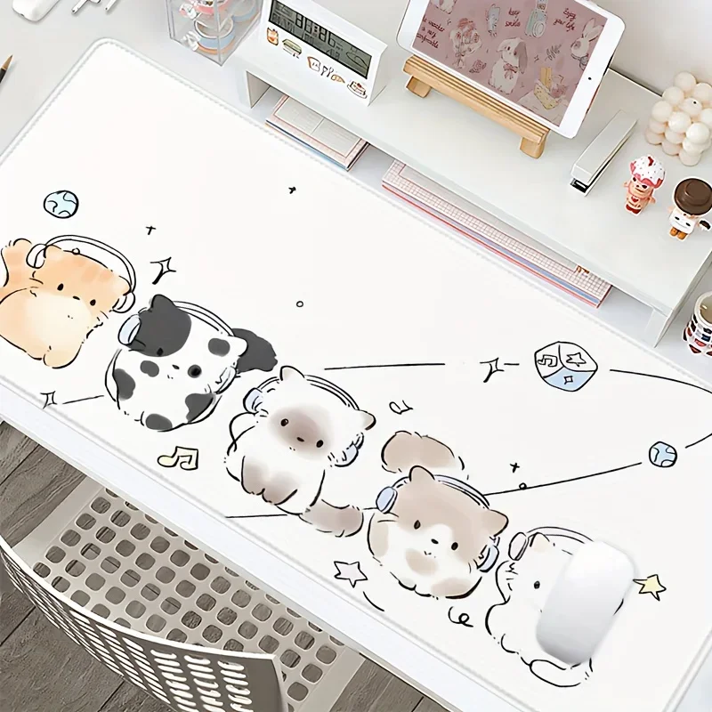 لوحة ماوس مطاطية كبيرة لطيفة على شكل قطة وموسيقى - حصيرة مكتب مريحة غير قابلة للانزلاق مع سماعات رأس وتصميم نجمة، بوليستر متين