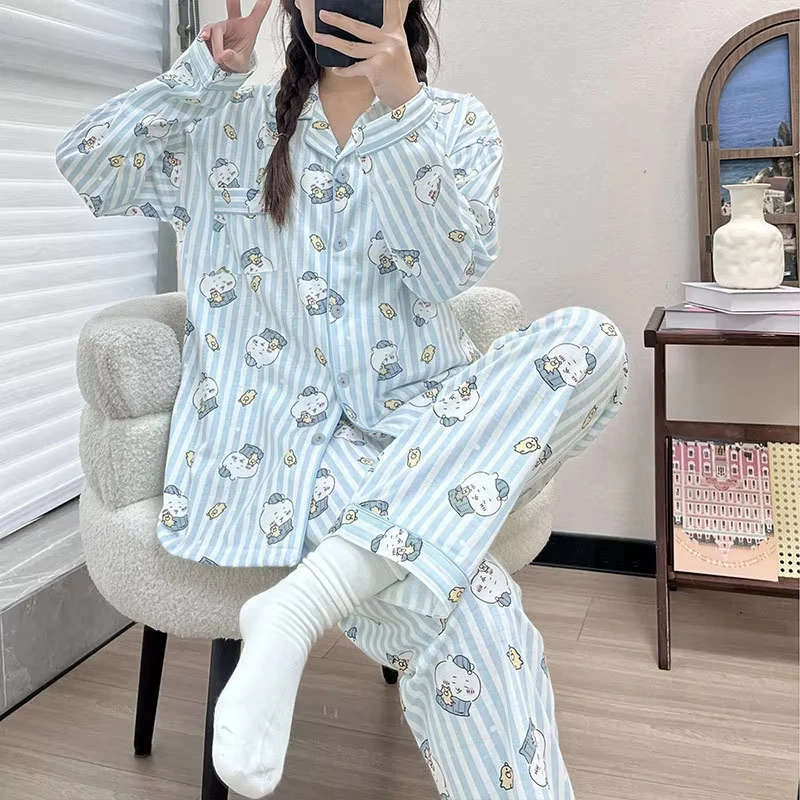 Kawaii Chiikawa Women's Sleepwear Homewear Set Japanese-Style Hachiware Long Sleeved Pants Pajama Usagi Sweet Fashion Nightwear