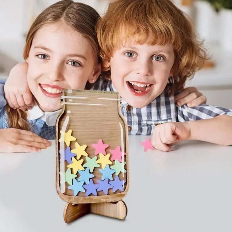 Reward Jars for Kids Star Classroom Wooden Reward Jars with 25 Stars Portable Teachers & Students Interactive Reward Jar