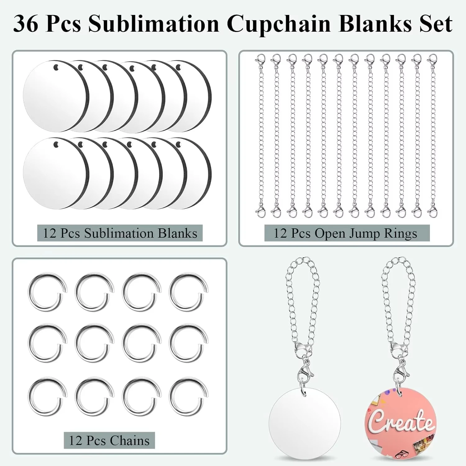 

36pcs/set Sublimation Blank Keychains Hanging Pendants Ornament Thermal Transfer Keychain Tags with Chains Jump Rings