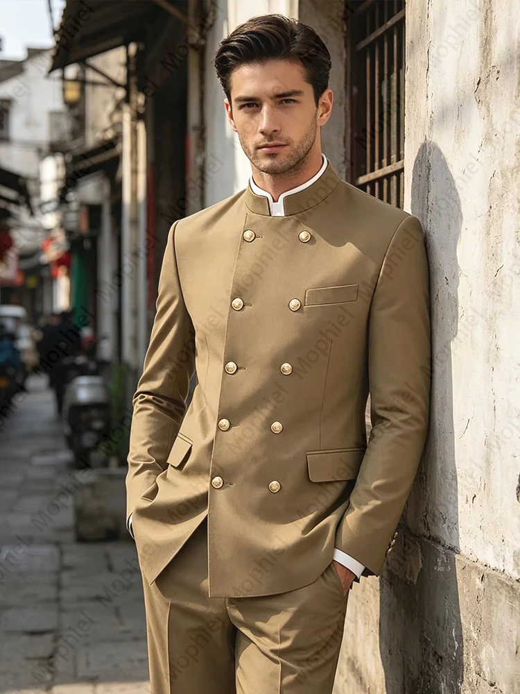 Men's Suit Solid Color Double Breasted Stand Collar 2 Piece Set Gold Button Chinese Style Blazer Business Wedding Tuxedo Pants