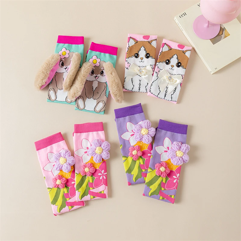 Cute 3D Animal Knee High Socks for Girls - Cartoon Bunny Cat Floral Long Tube Socks, Soft Kids Leg Warmers with Plush Big Ear view 5