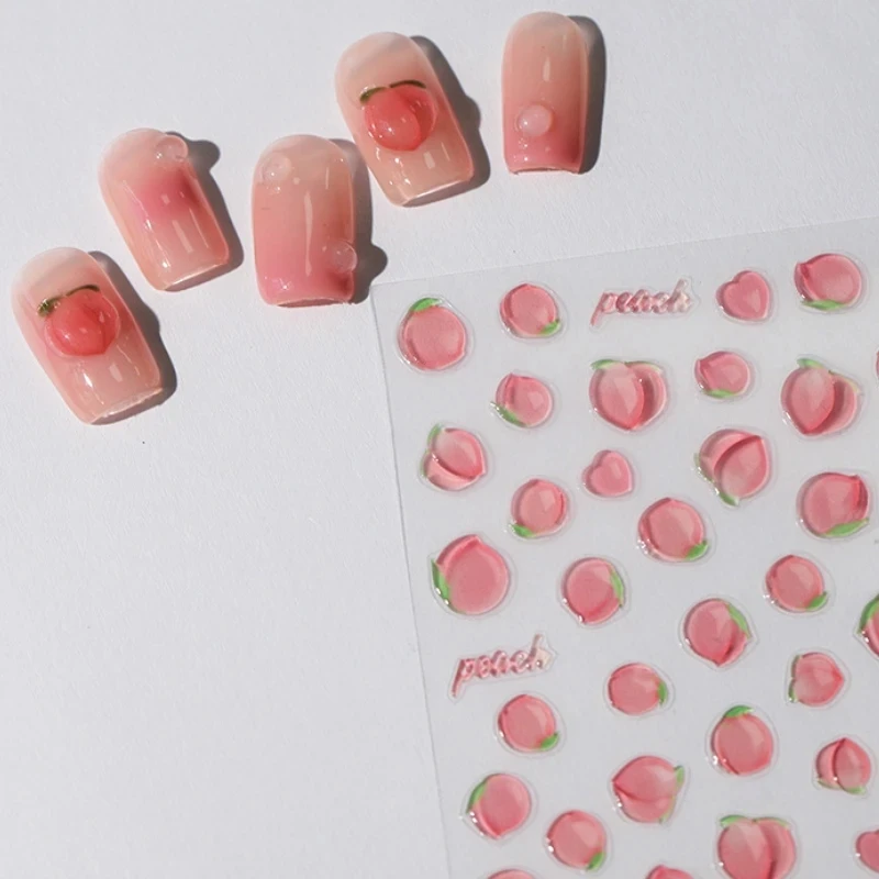 

Pink Translucent Peach Jelly Texture 5D Soft Embossed Reliefs Self Adhesive Nail Art Stickers Cute Fruits 3D Manicure Decals
