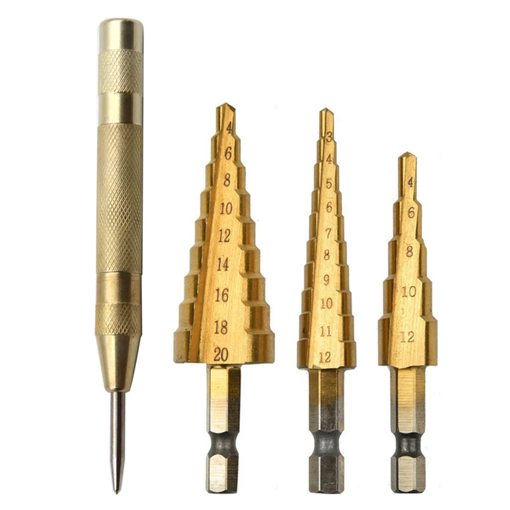 Hexagonal Shank Straight Slot Titanium Plated Step Drill Bit 3-12/4-12/4-20 Tower Drill Bit Gold Center Punch Position Tool Set