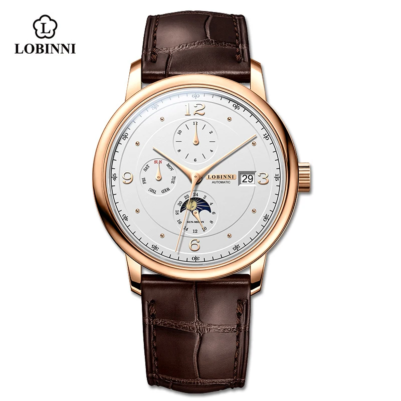 

Lobinni New Design Functional 24 Hour Date Week Month Display Sport Luxury Dress Leather Automatic Mechanical Watches For Men