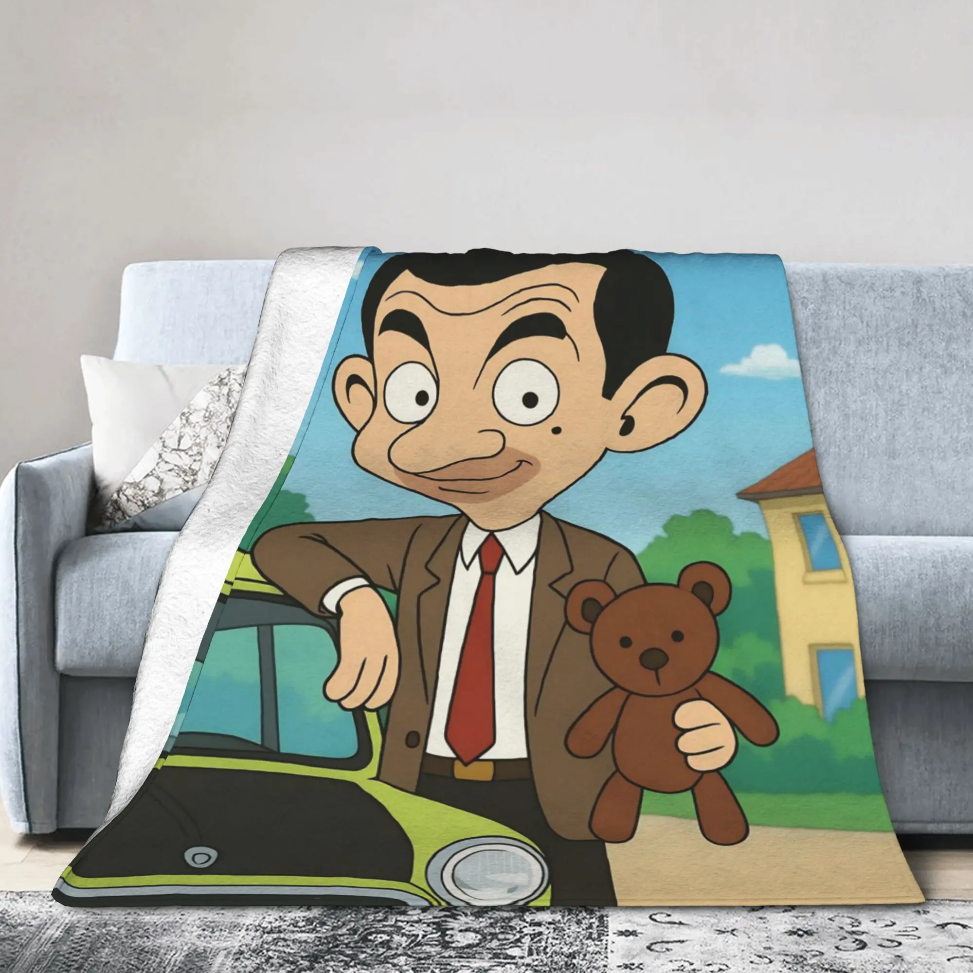 Mr. Beans  and Teddy Bear  Cartoon   Coral Fleece Plush Throw Blankets  Blanket for Home Couch Ultra-Soft Plush Thin Quilt,